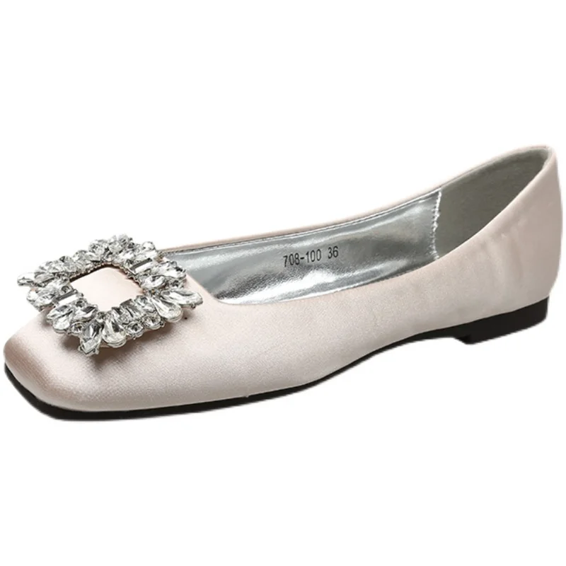 2023 Spring/Summer New Fashion Rhinestone Square Button Flat Bottom Shoes Satin Shallow Mouth Square Head Casual Women's Shoes 6
