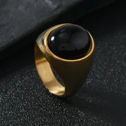 Vintage Stainless Steel Stone Ring - Black, Pink, Green - Unisex Fashion Jewelry, Sizes 6 - 12 - USA 8 (Gold Black)