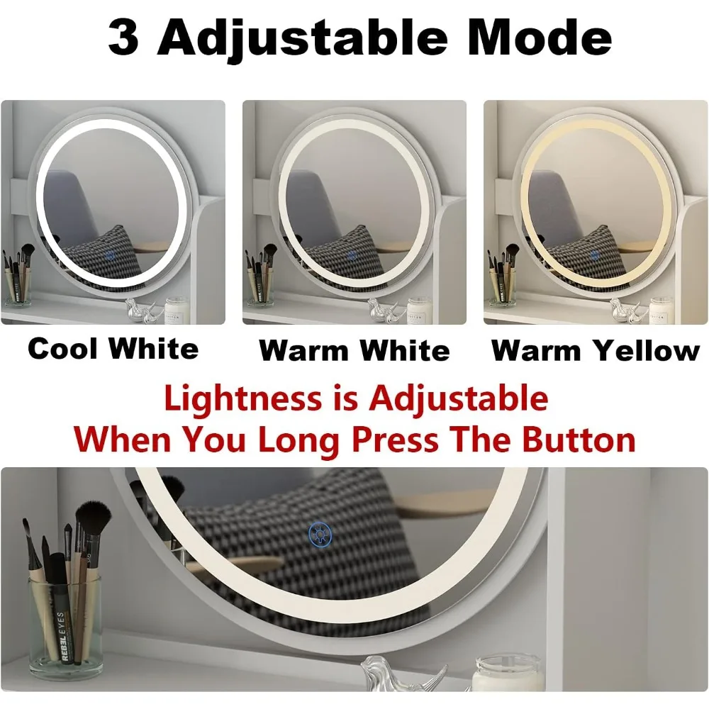 illuminated makeup desk with mirror, storage, and seating