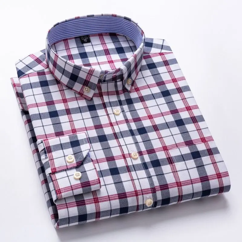 Men's Oxford cotton shirt with plaid stripes, long sleeved pockets, casual shirt, regular style, button up shirt size S~7XL
