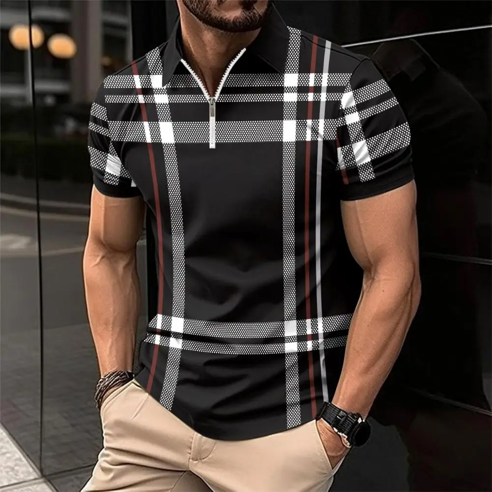 Comfortable Men Shirt Men Business Shirt Stylish Men's Summer Shirt with Lapel Zipper Plaid Striped Print Slim Fit Short for Men