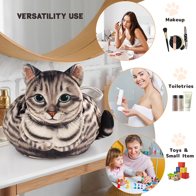 Adorable Cat Head 3D Makeup Bag with Drawstring Closure – Perfect Gift for Women Cat Lovers, Versatile Travel Cosmetic Organizer Pouch