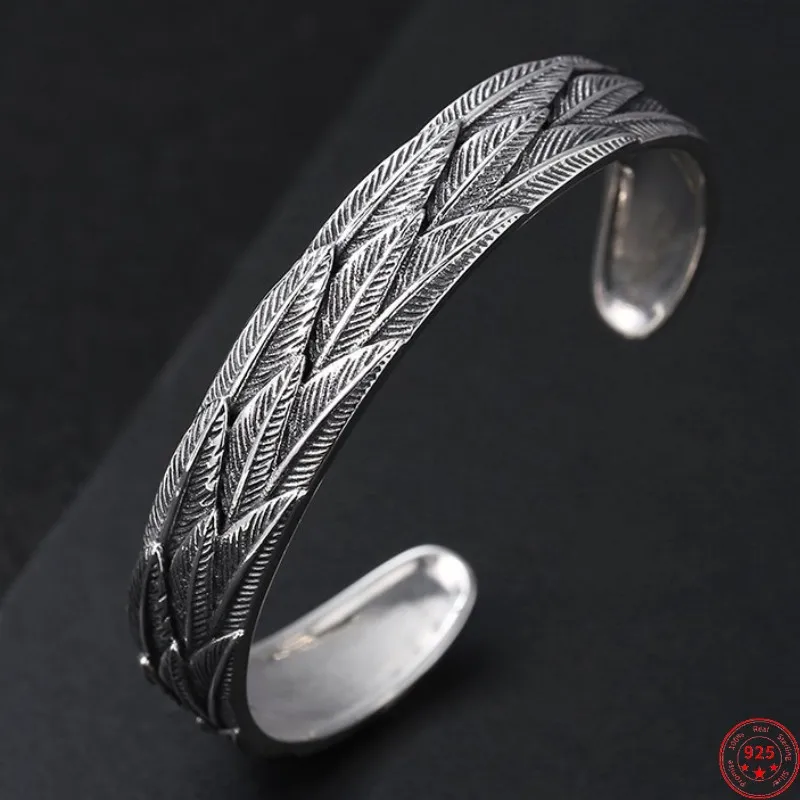

Браслеты из серебра S925 пробы для женщин и мужчин, новые женские модные открытые браслеты с узором в виде перьев, ювелирные изделия из чистого серебра