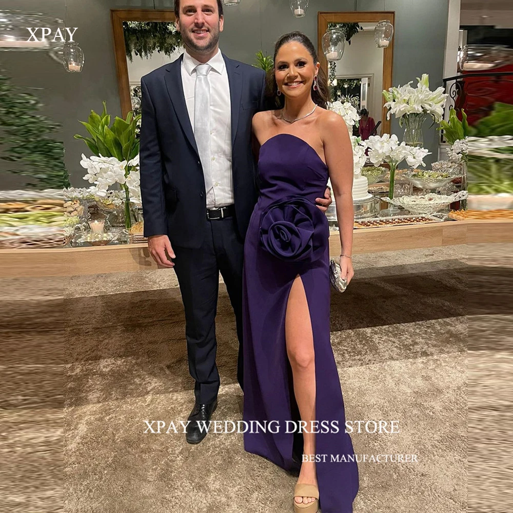 

XPAY Elegant Dark Purple Evening Dresses Women Matte Strapless Split 3D Flowers Split Prom Formal Party Dress Robe de soiree