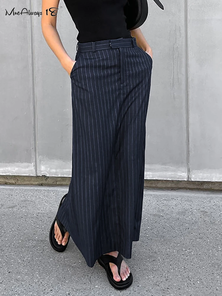Mnealways18 Streetwear Blue Stripe Straight Skirt Fashion Casual Twill High Waist Skirts Women Spring Office Zipper Long Skirts