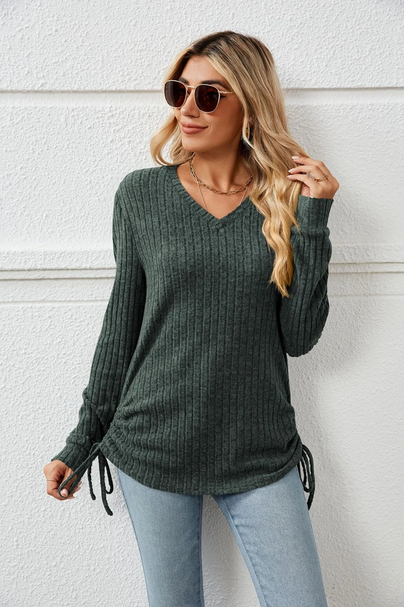 

Womens T-shirt Pullovers Wholesale Long Sleeve Sweaters Loose Tops Female Ribbed Knitted Peach Finish Shirring Tee Fashion 2023