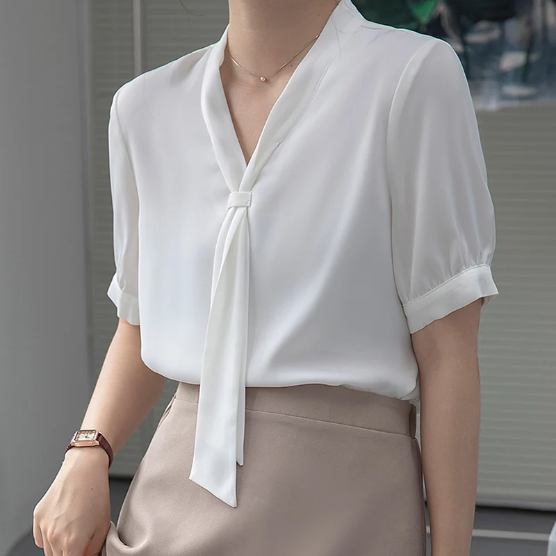 

Белая шифоновая рубашка для женщин, летний однотонный топ с коротким рукавом, СВОБОДНЫЙ Модный шикарный женский топ