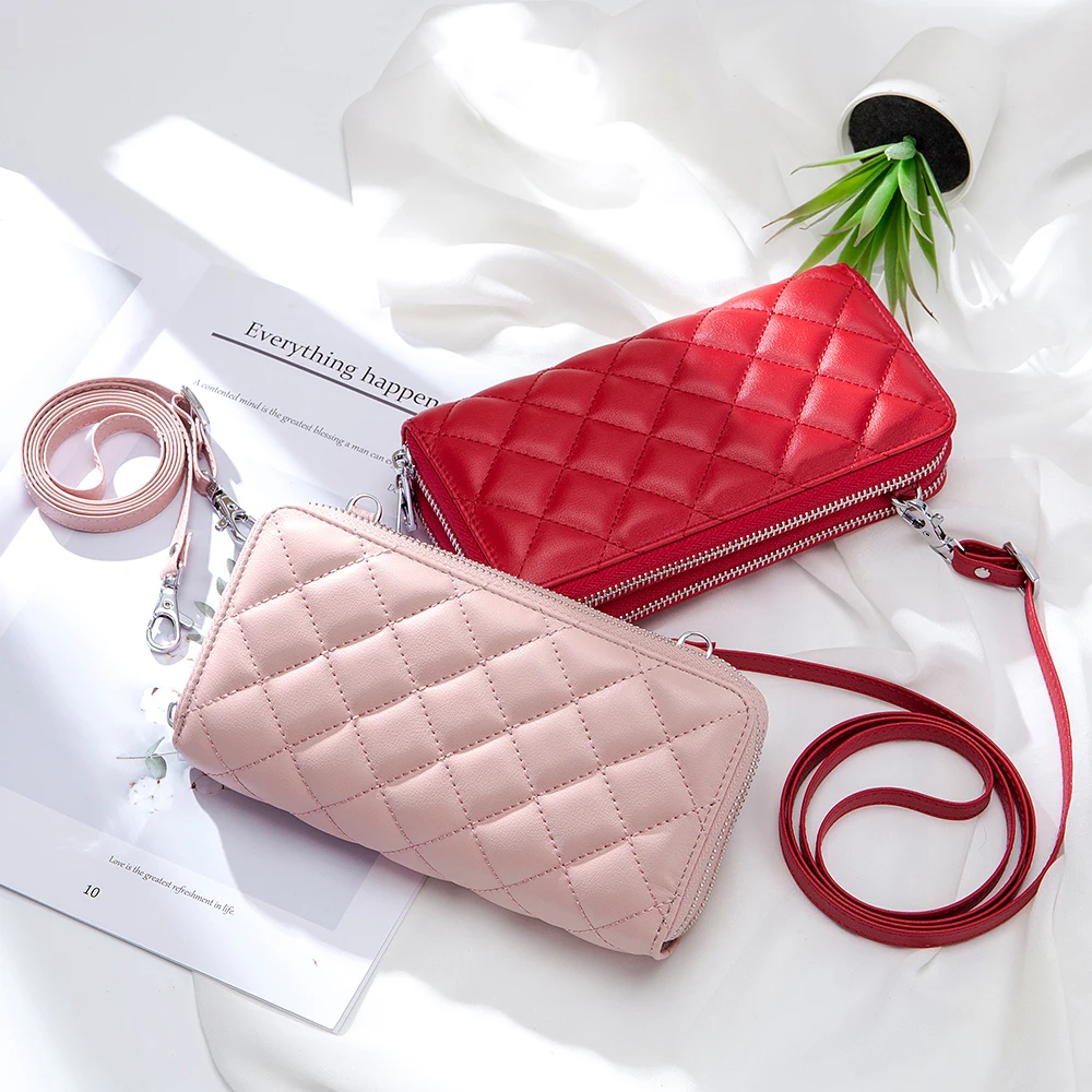 

Women Genuine Leather Wallet Brand Clutch Bag with Shoulder Straps Fashion Card Holder Coin Purse Cellphone Bag Female Money Bag