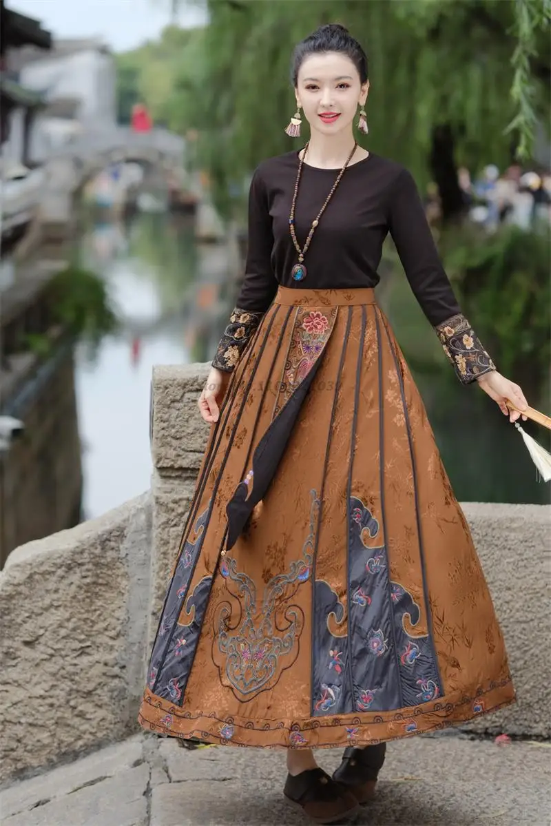 chinese vintage satin jacquard skirt national flower embroidery elastic waist skirt ethnic a-line women streetwear