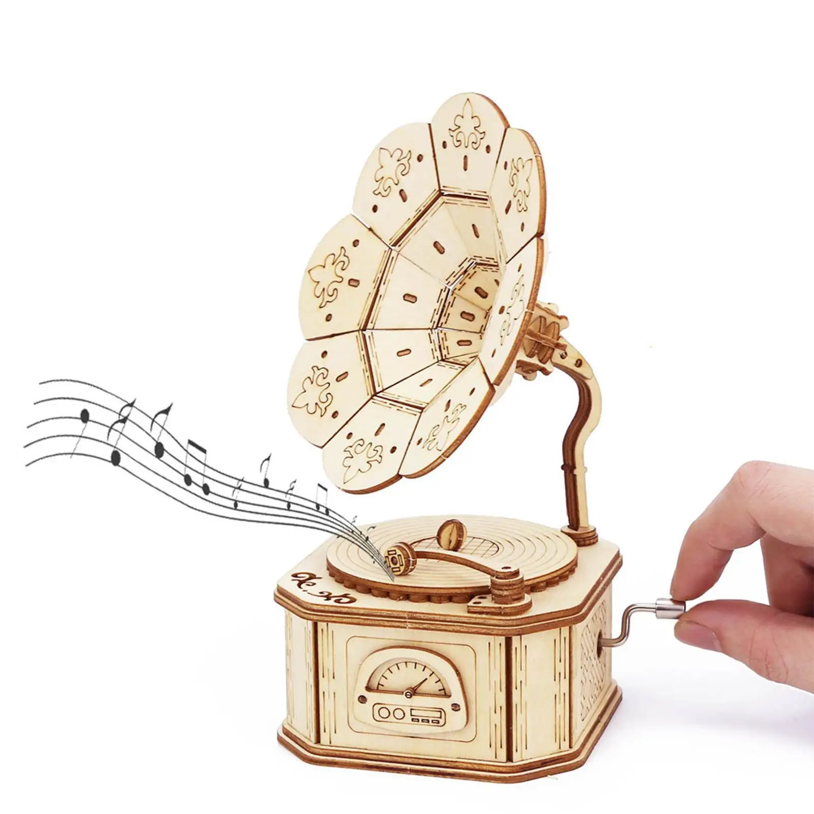 Phonograph 3D Wooden Puzzle Hand Crank Music Box Kids Mechanical Model Build