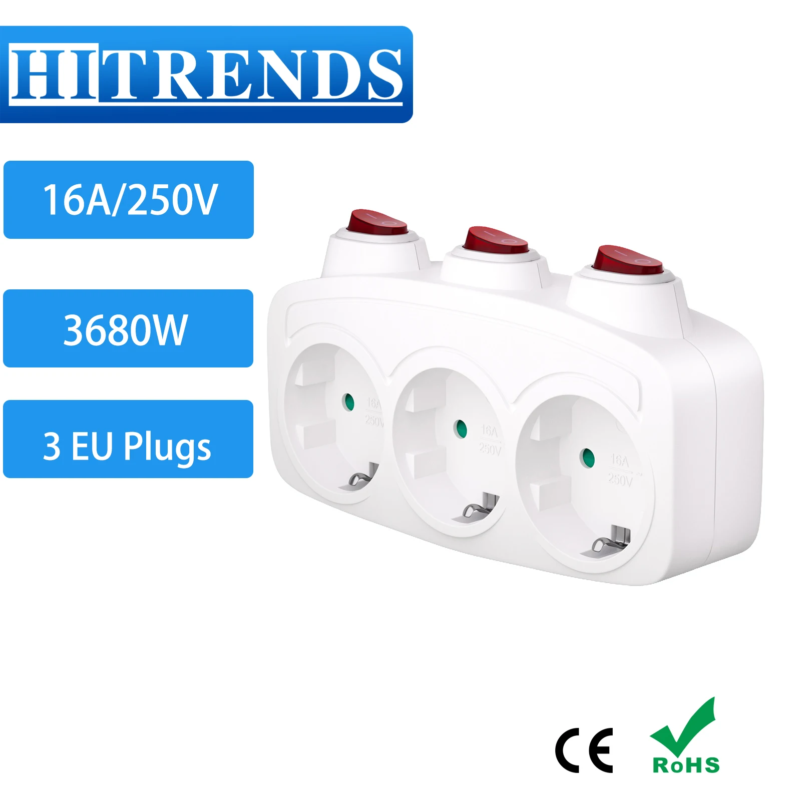 ปลั๊กคู่ซ็อกเก็ตอะแดปเตอร์ Schuko EU ปลั๊กแปลงพร้อมสวิตช์เปิด/ปิดมาตรฐานเยอรมันหลายซ็อกเก็ต 3680W Extension Outlet 1