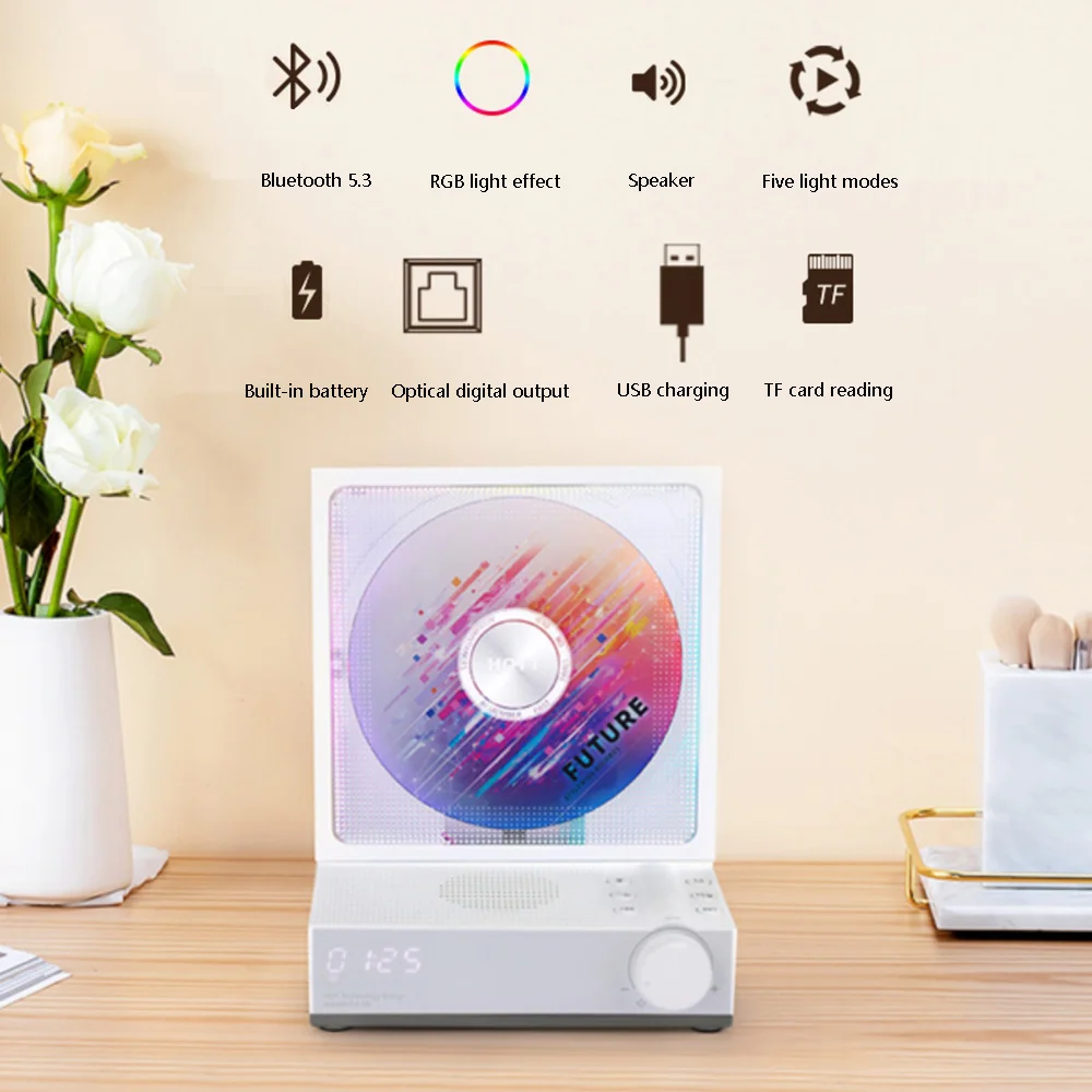 양방향 블루투스 RGB 눈부신 컬러 조명 효과, 레트로 하이파이 CD 플레이어, 충전식 음악 플레이어 내장