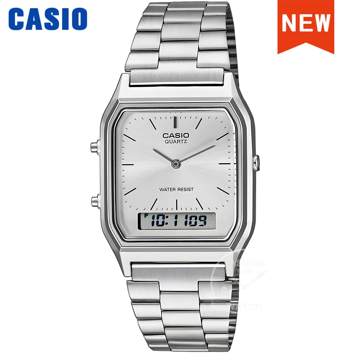 שעון גברים של Casio עם מסך תצוגה כפול בסגנון רטרו, עיצוב אישי עם מנגנון קוורץ, עמיד למים AQ-230A-
