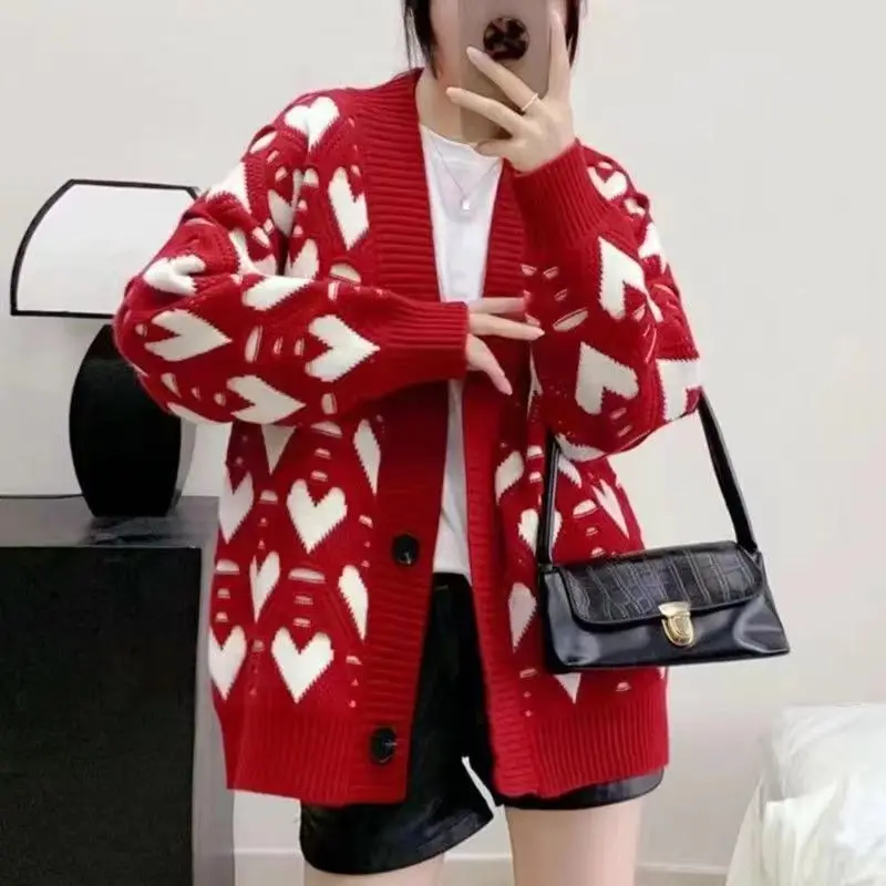 

2023 New Spring and Autumn Fashion Simple V-neck Love Lazy Sweater Cardigan Temperament Commuter Thickened Loose Women's Coat