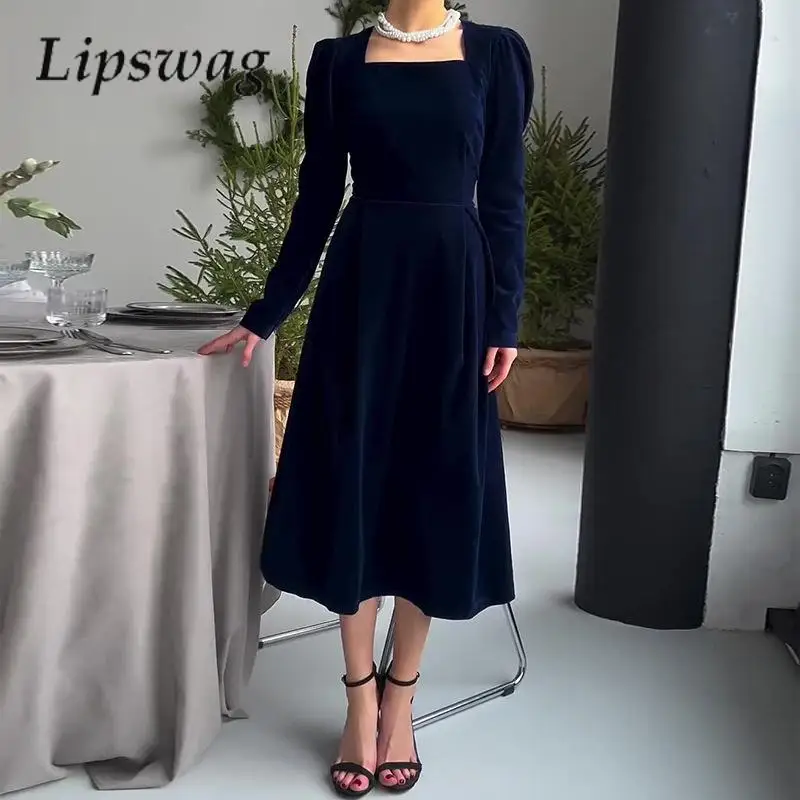 

Ladies Temperament Velvet Long Sleeve Banquet Dress 2024 Fashion Square Neck Simple French Dress Elegant Maxi Dresses Vestidos