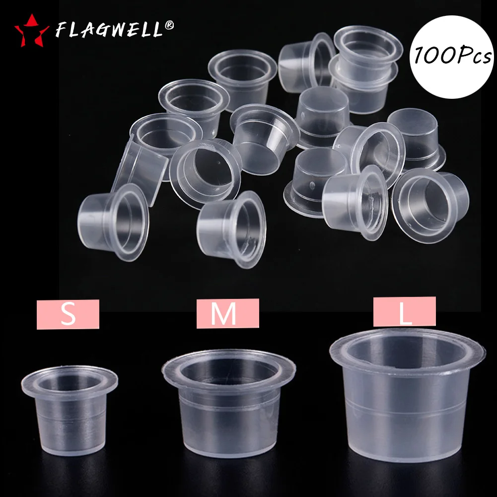 100Pcs S/M/L Disposable Tattoo Ink Cups Plastic Caps Makeup Microblading Pigment Clear Holder Container Accessories Supplies transparent vinyl plastic id card clear stand horizontal name tag waterproof name plate office supplies
