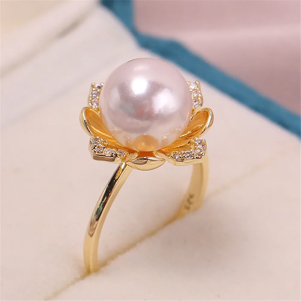 Copper-plated 18K Gold, Flower Zircon, Pearl Ring, Empty Support Opening, Adjustable DIY Accessories Femininity