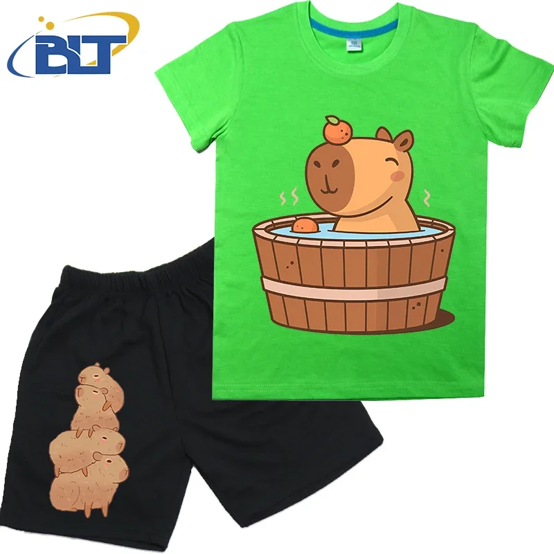 Capybara in hot tub printed kids T-shirt set summer pure cotton short-sleeved shorts 2-piece set for boys and girls