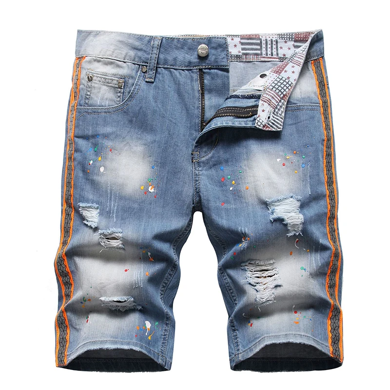 Summer New Mens Ripped Short Jeans Brand Clothing Bermuda Cotton Side Stripe Fluorescent Shorts Breathable Denim Shorts