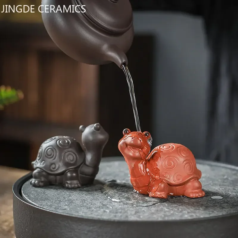 Cute Tortoise Statue Tea Figurine Ornaments Boutique Purple Clay Tea Pet Handmade Sculpture Crafts Tea Table Decore Accessories