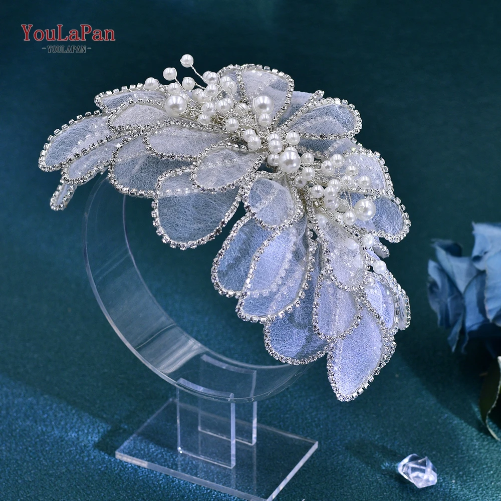 YouLaPan Handmade Mesh yarn Leaf Shape Headband Elegant Women Pearl Headwear Hair Accessories Rhinestone Wedding Headdress HP681