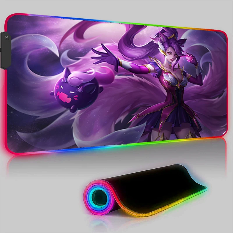 

Desk Mat RGB LED Gaming Mouse Pad Ahri LOL Anti-skid Computer Offices Mousepad Luminous Pc Accessories Cool Rug Laptop Game Mats