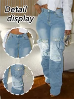 Plus-size women's straight-leg cargo jeans, stylish and versatile, with pockets and a high-waisted stretch design. - Image 6