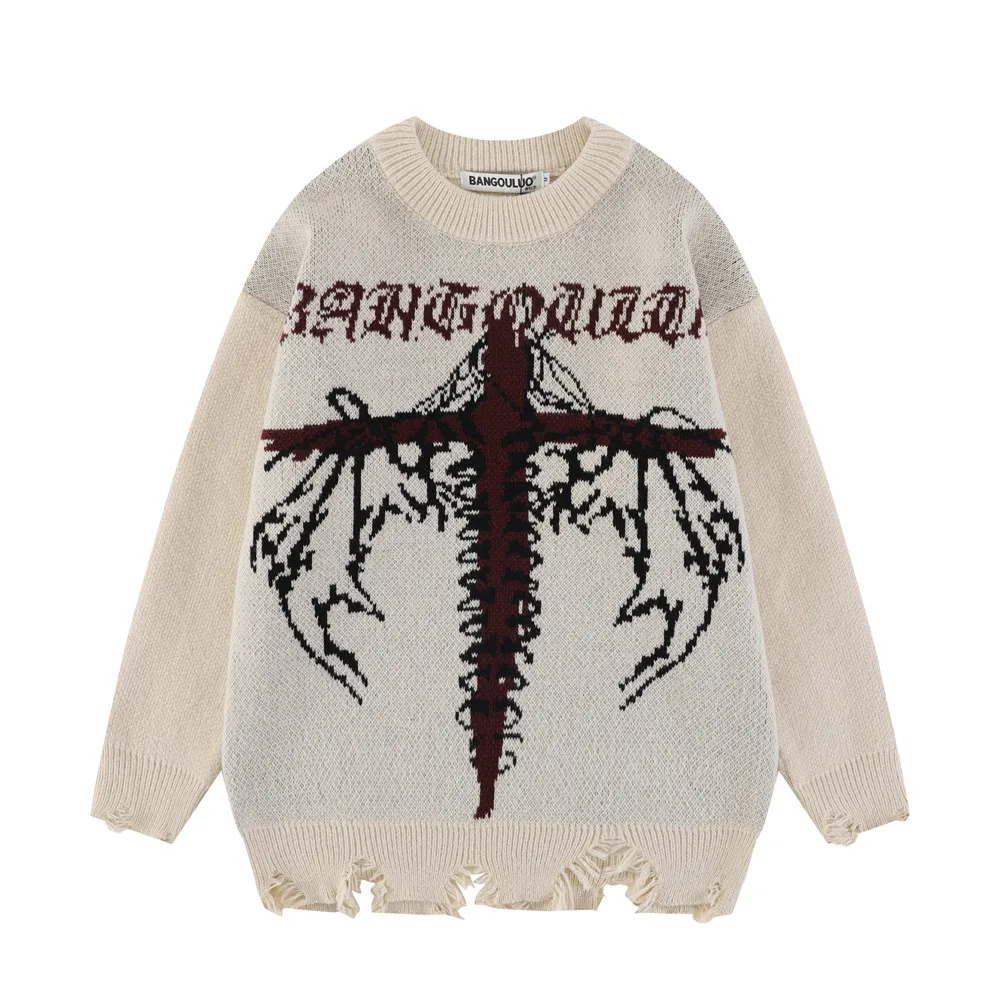 

2022 Men Sweater Streetwear Ripped Cross Graphic Knitted Sweater Harajuku Pullover Autumn Holes Casual Cotton Sweater Hip Hop