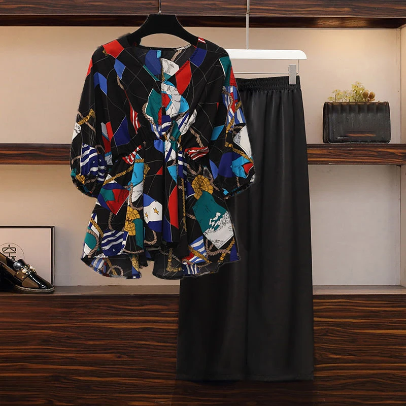 2025 Spring New Woman Pant Set Two-piece V-neck Bat Sleeve Elastic Waist Color Block Printed Top Wide Leg Pants Female Clothing