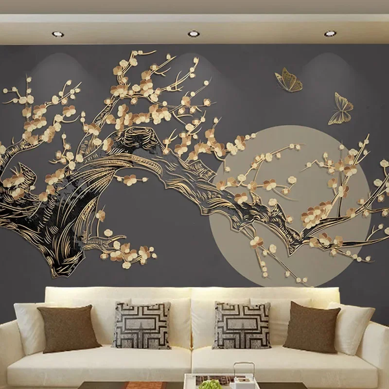 Custom 3D Wall Mural Chinese Style Plum Blossom Moon 3D Golden Relief Lines Wallpaper Living Room TV Sofa Papel De Parede Sala