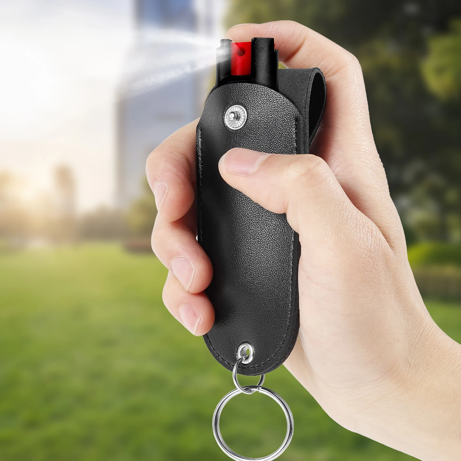Black PU Leather Mini Pepper Spray Holder Self Defense Keychain