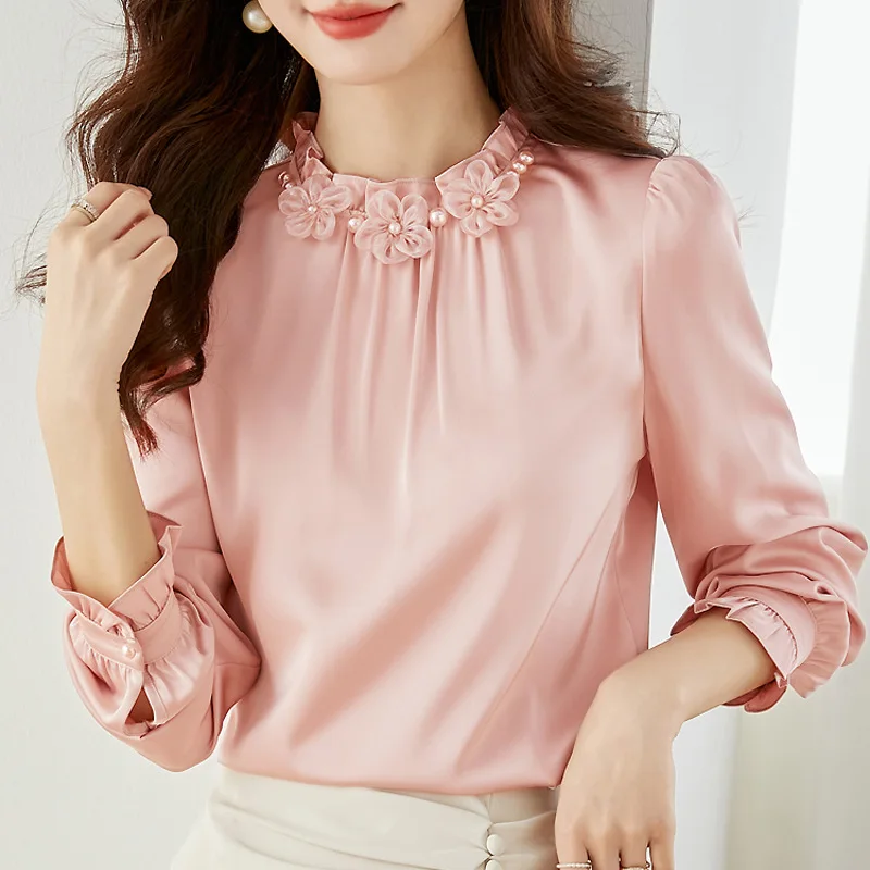 Women's Standing Collar Chiffon Shirt Long Sleeved Blouse Inside French Shirt Chic Bottoming Shirt Vintage Shirts Spring