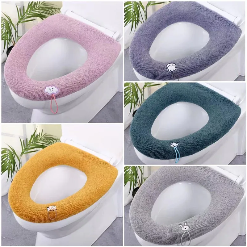 Toilet Seat Cover Mat Bathroom Toilet Lid Pad Winter Warm Cushion with Handle Thicker Soft Washable Closestool Warmer