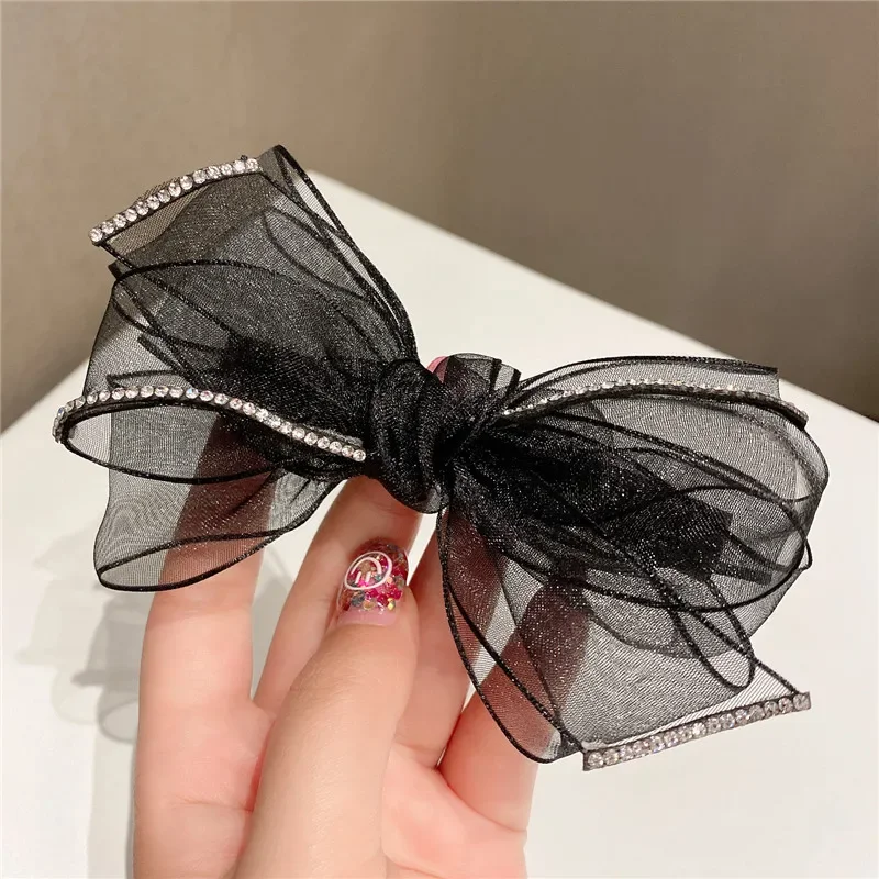 Luxury Organza Bow Hair Clips for Girls Hairpin Rhinestone Fairy Hair Pin Female Ponytail Spring Clip Casual Hairclips Barettes