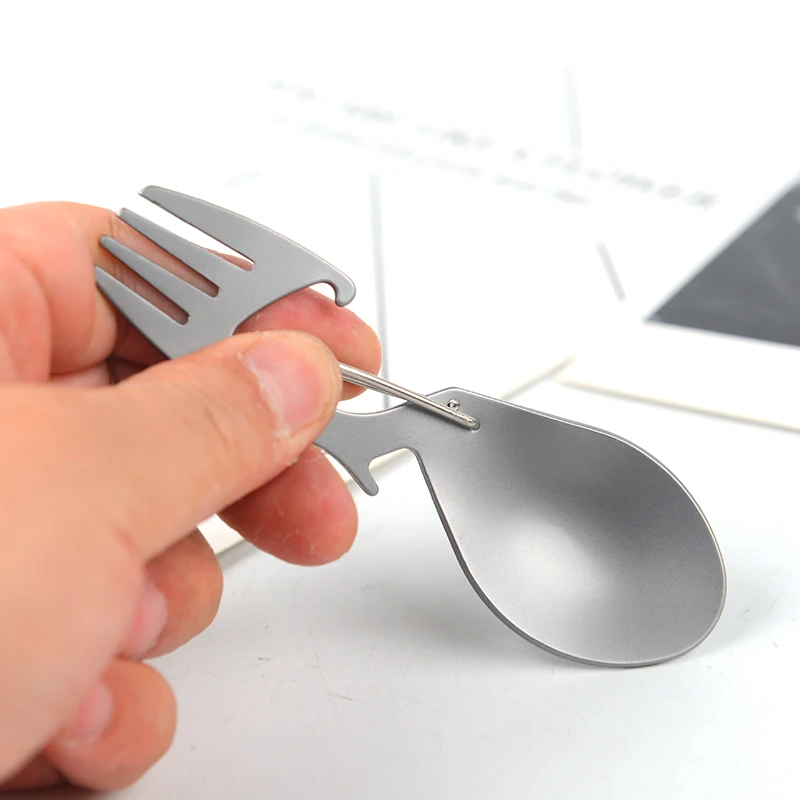 Multi-functional Titanium Alloy Fork Spoon Ultra-light Outdoor Camping Carabiner Bottle Opener Picnic Portable Tableware