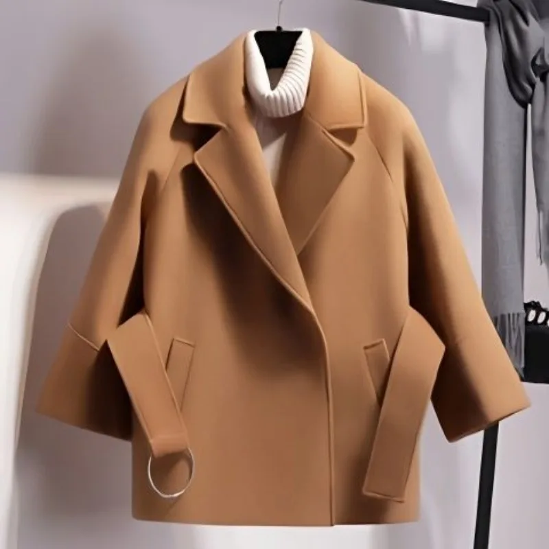 Women's Autumn and Winter New Fashion Elegant Solid Color Lapel Button Belt Temperament Versatile Long Sleeved Slim Fit Jacket