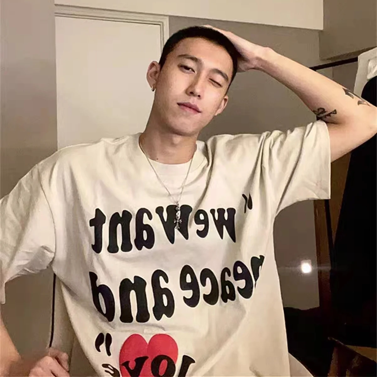 

Men Women Tee Tops Peace And Love Foam Printing Kanye Summer Oversized T Shirt Letter Logo Streetwear 100% Cotton Tee
