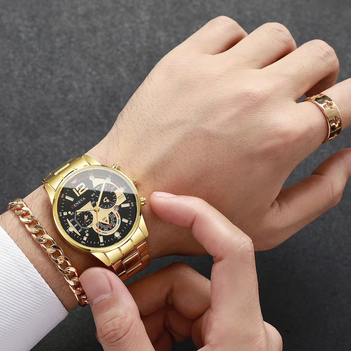 4PCS Mens Business Watch Bracelet Ring Set Analog Mechanical Quartz