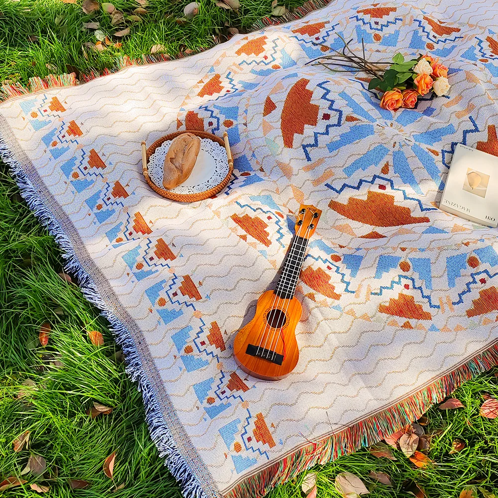 Bohemian Geometry Picnic Mat with tasselsThickened Ins Style Outdoor Mat Camping Picnic Cloth Bohemian Carpet 6