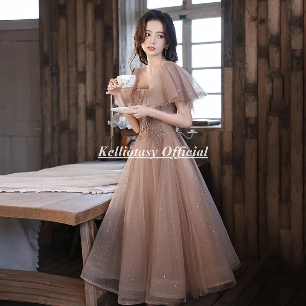 Square Neckline Cocktail Party Dresses With Short Sleeves Tea Length Lace Appliques Woman Dress For Occasions