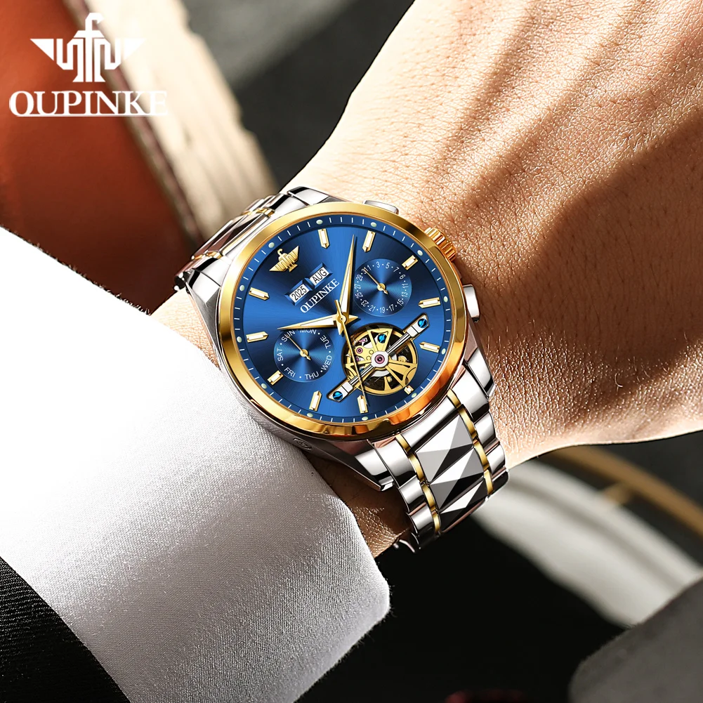 OUPINKE 3290 Automatic Man Watch Hollow Skeleton Business Mechanical Watch For Men Week Date Display Waterproof Men's Wristwatch