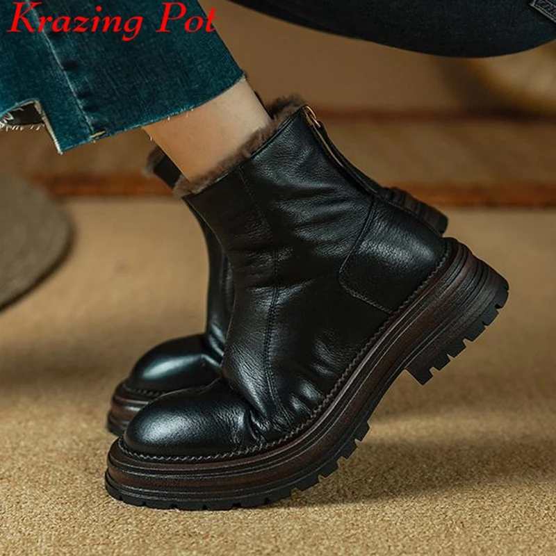 

Krazing Pot New Sheep Leather Round Toe Winter Warm Snow Boots Thick Med Heels Wool Fur Fashion Office Lady Non-slip Ankle Boots