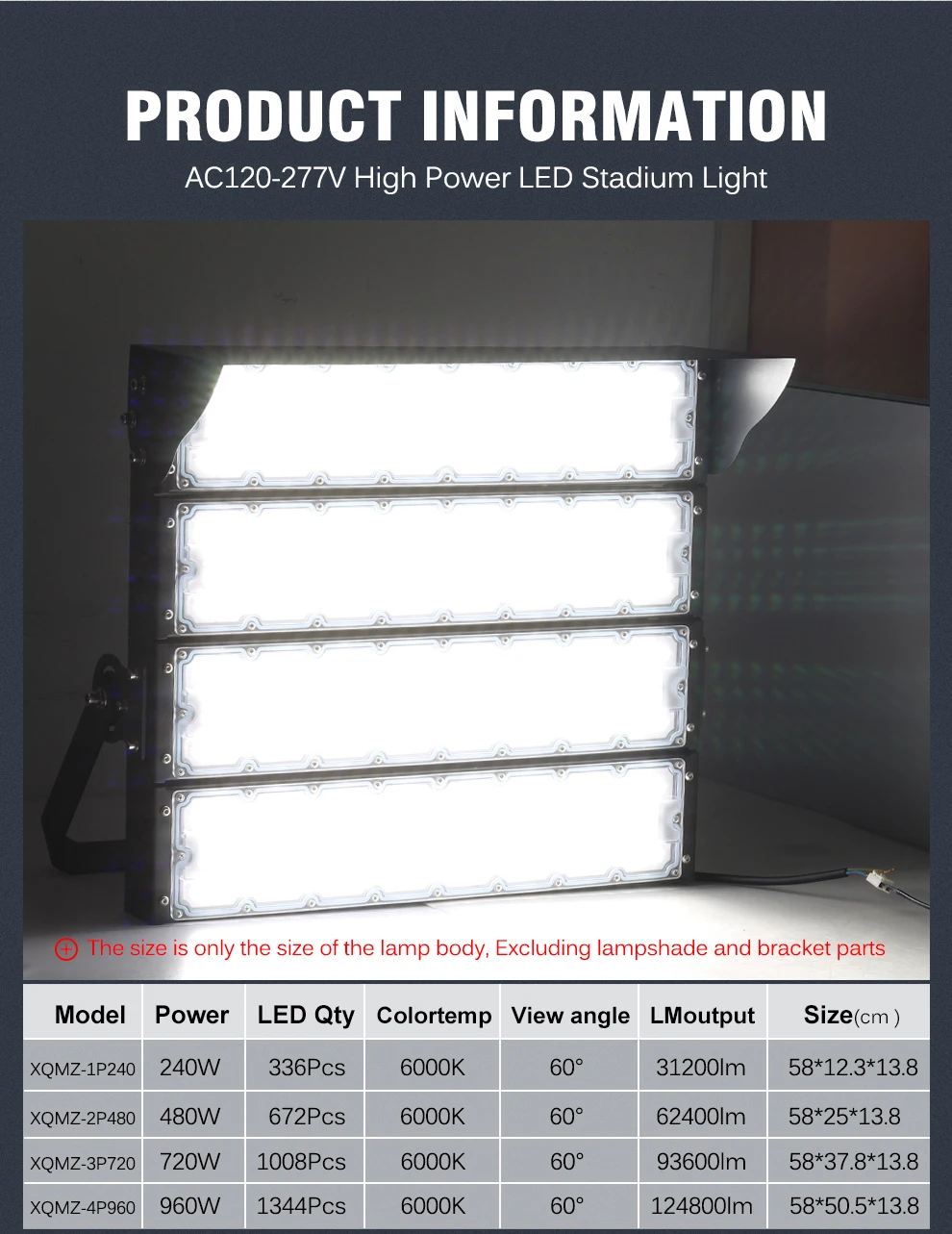 LED-Stadionslicht, 240 W, 480 W, 720 W, 6000 K, SMD2835, superhell, IP65, wasserdicht, für Fußballplatz-Tunnelbeleuchtung im Freien – Detail 10