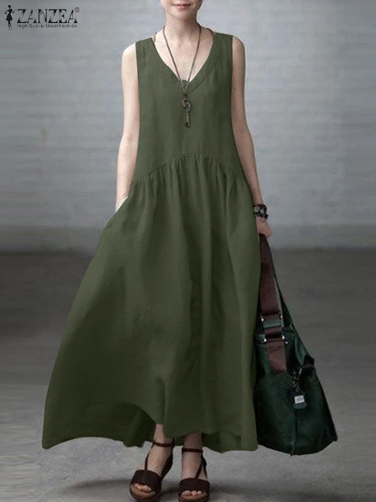 

2023 ZANZEA Solid Color Fashion Dress Summer V-Neck A-line Elegant Sundress Holiday Casual Sleeveless Midi Vestidos Beach Robe