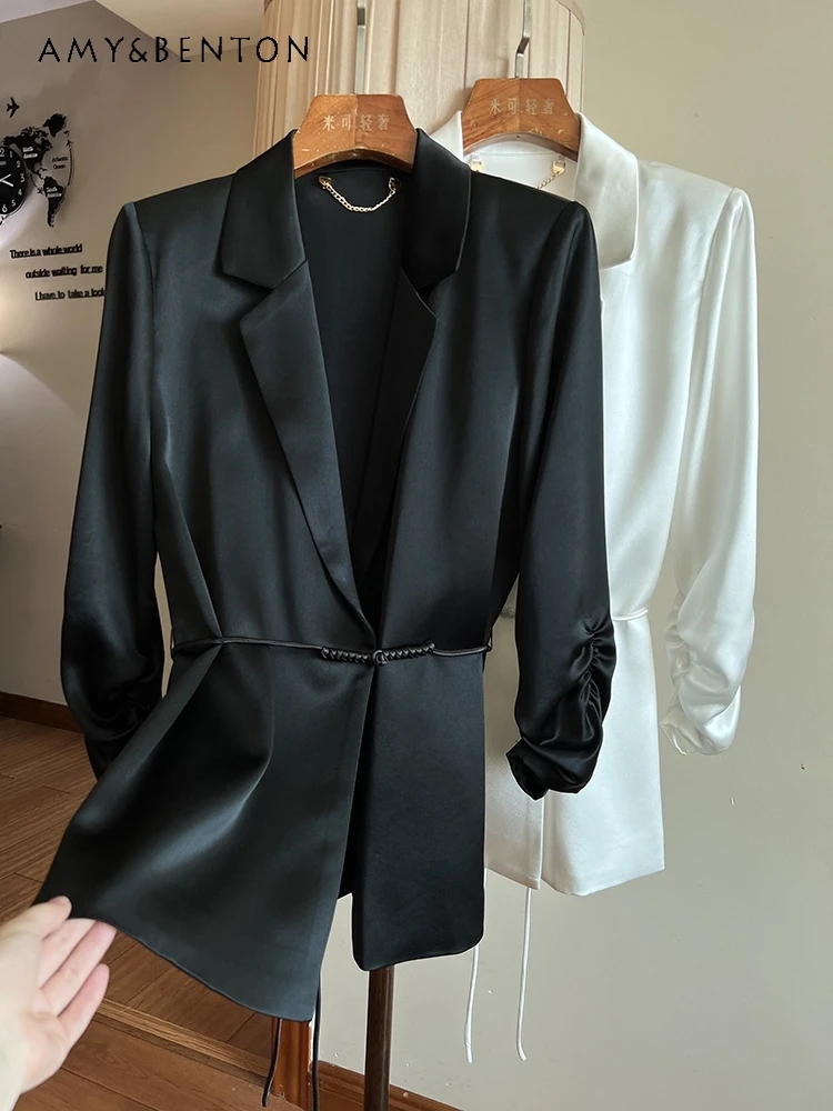 

Office Lady Acetate Suit Jacket High-Grade Graceful Satin Lapel Long-Sleeved Coat Women Spring Summer Fashion Loose Slim Jackets