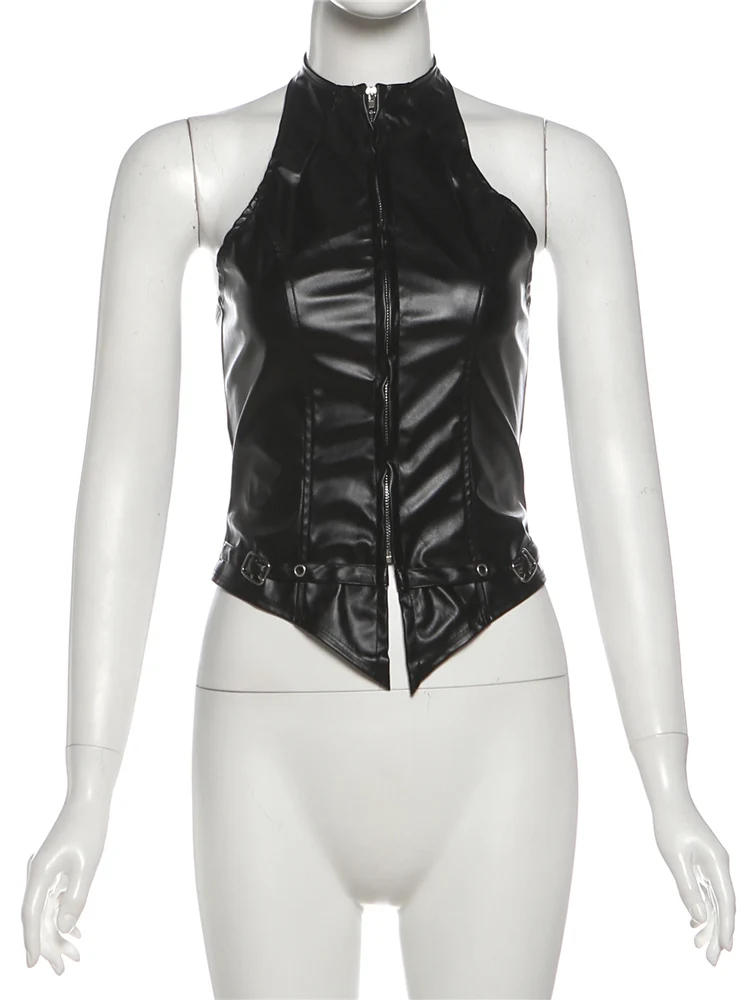 Nibber Faux Leather Coquette 2 Piece Set Women Sexy Wild Sleeveless Patchwork Vest+High Waist Shorts Street Slimple Clubwear