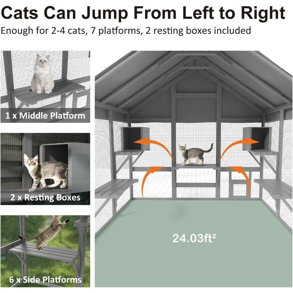 Outdoor Cat House, Outdoor Catio for Multiple Cats with 7 Platforms, 2 Resting Box, Outside Cat House with Weatherproof Cover