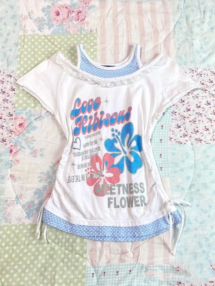 HOUZHOU Kawaii Y2k T-Shirts Women Vintage Harajuku Graphic Short Sleeve Tees Sweet Cute Korean Style Patchwork T-Shirts Street 3
