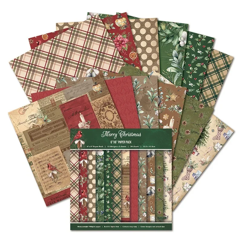 Merry Christmas Scrapbooking Paper Assorted Pattern Origami Cardstock Single-Sided Vintage DIY Decorative Cardmaking for 24Pcs