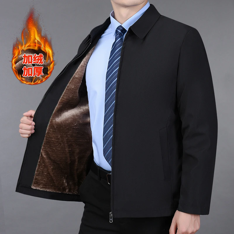 Men's Business Jacket Parkas Lapel Jacket Zipper Pockets Autumn Winter for Mid-aged Men